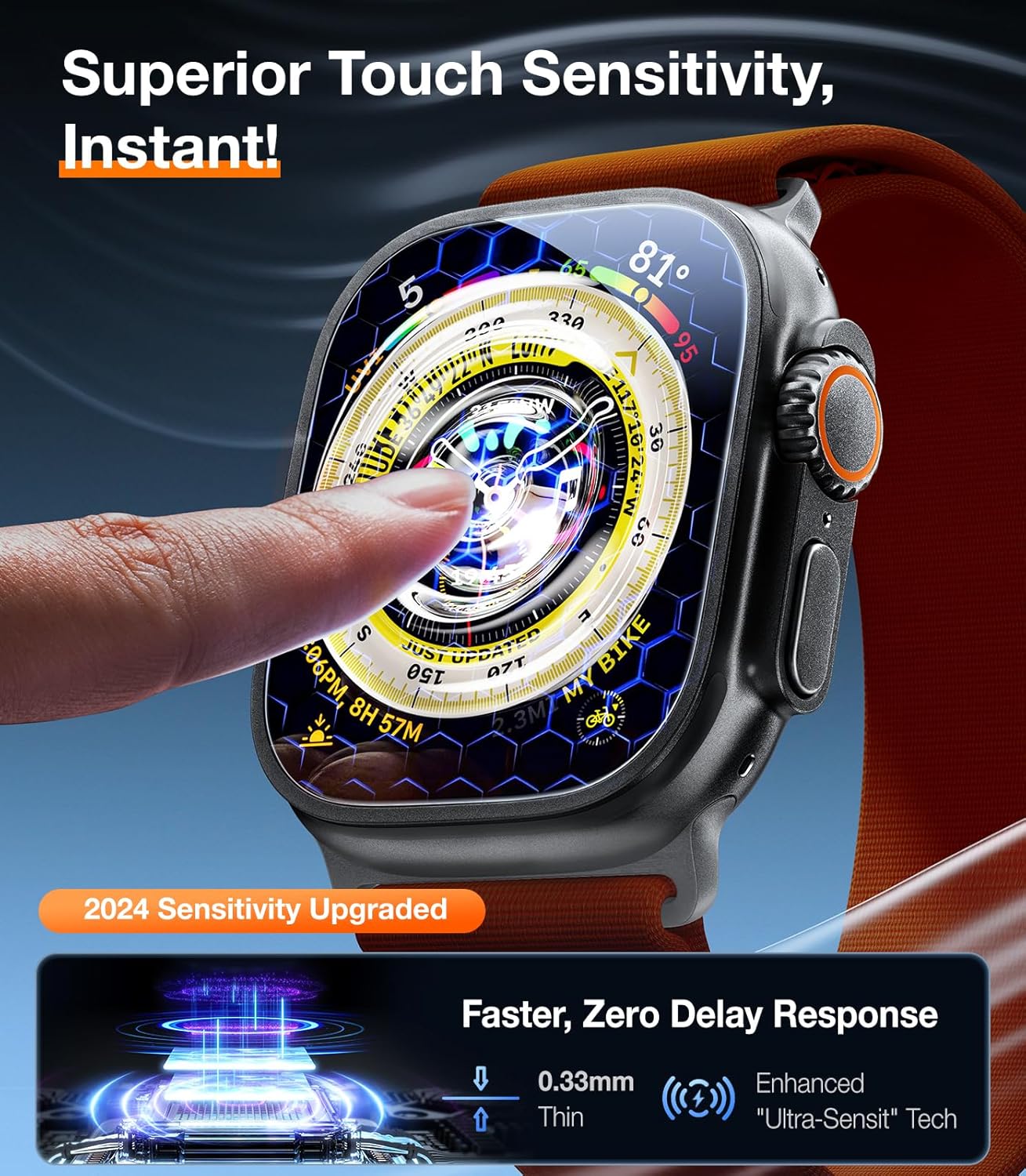 UltraGlass UNBREAK TOP 9H+ Glass for Apple Watch Ultra 2 Screen Protector 2024 (Military Grade Shatterproof & Longest Durable) Original Full Coverage (Black Titanium Bezel) iWatch 2024, 2 Pack
